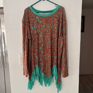 Crazy Train Teal and Orange Patterned Fringe Dress